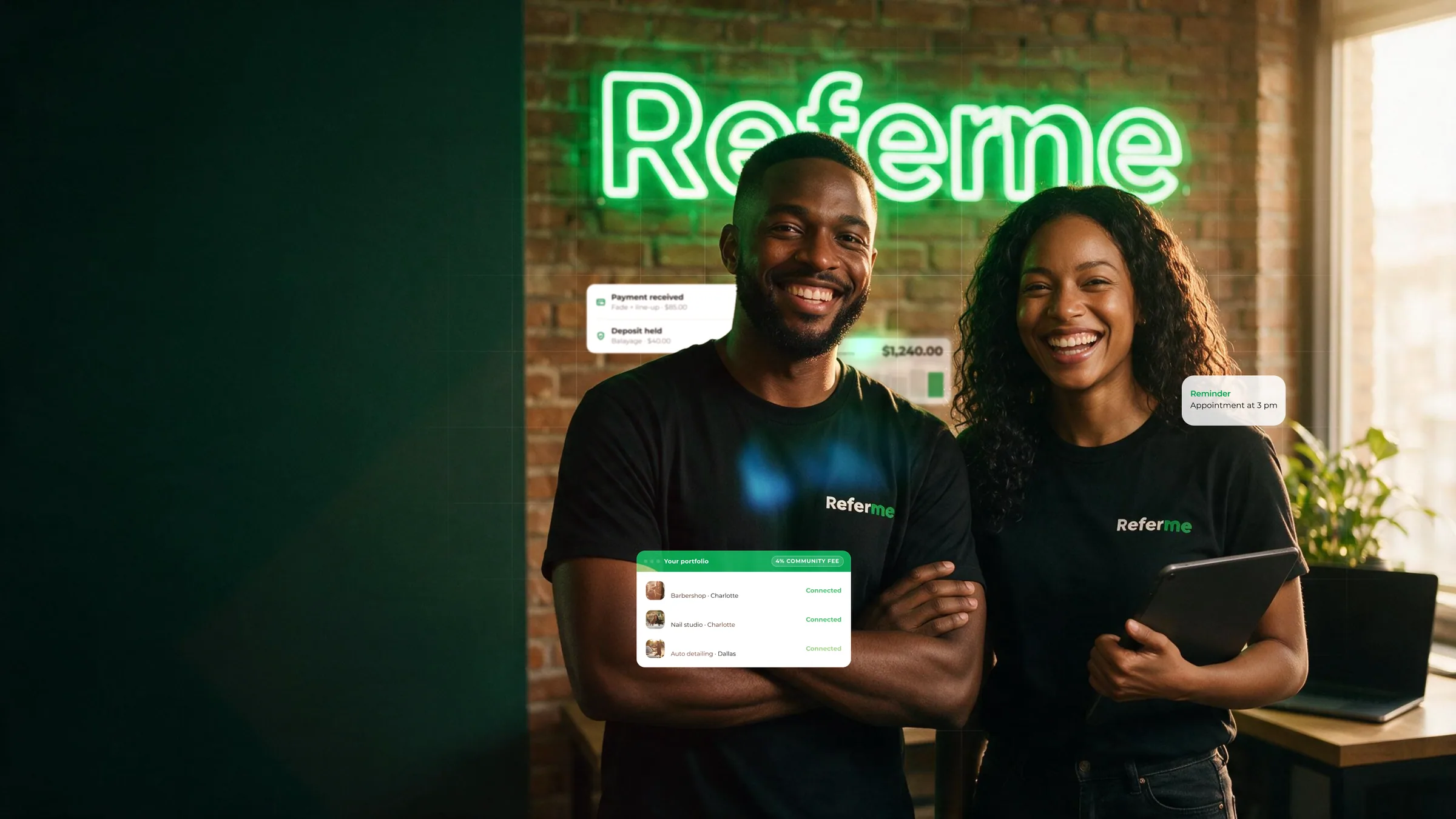 ReferMe team with payment, earnings, portfolio, and reminder cards
